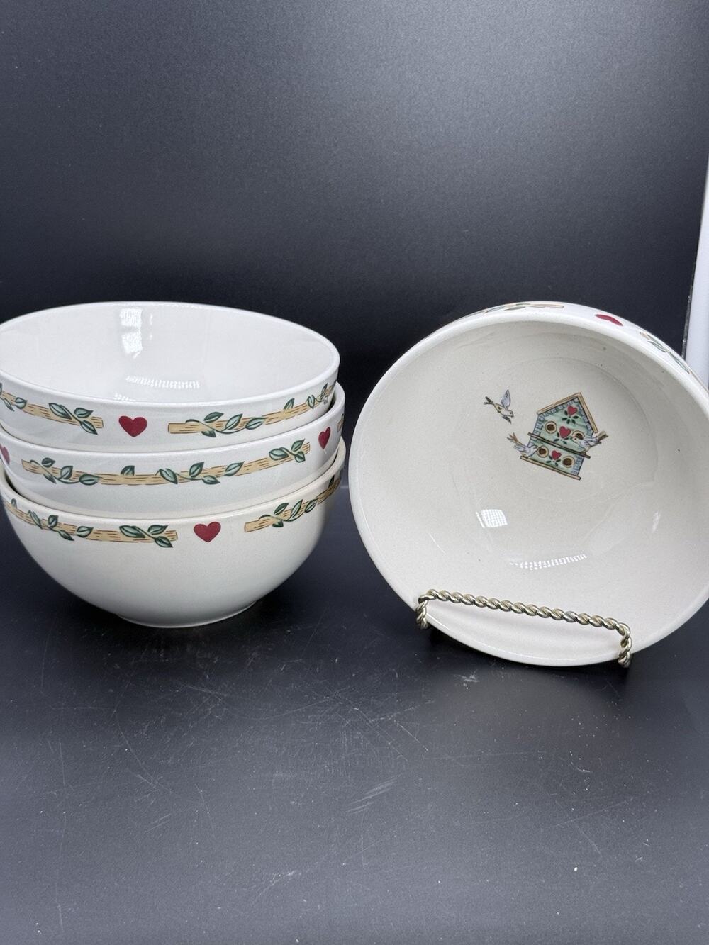 Thompson Pottery Birdhouse 6 " Cereal Soup Bowls Set Of 4 vintage collectible